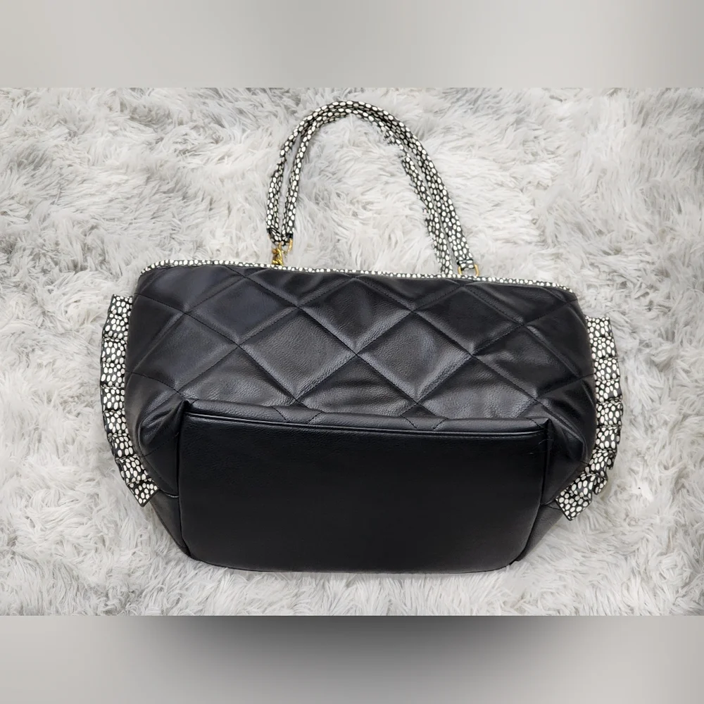 Betsey Johnson | Frenchie Bull Dog Bow Vegan Leather Quilted Tote | Black/White - Picture 7 of 14